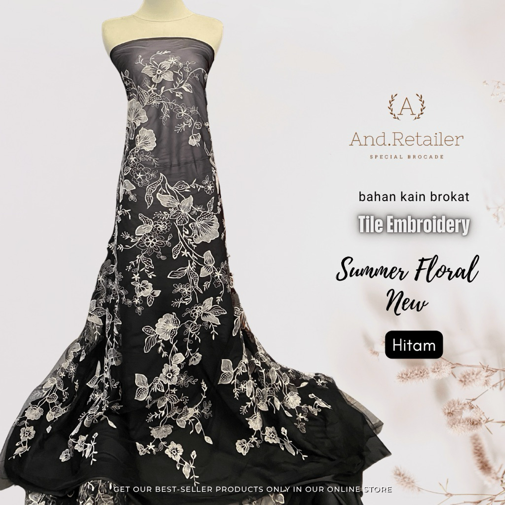 Bahan Kain Tile Brokat Mewah Summer Floral Motif Bunga Besar 2 tone Warna Hitam Harga 0,5m