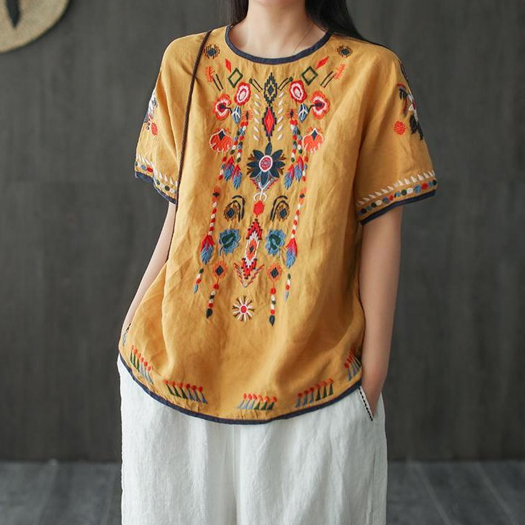 Fashion Musim Panas Katun Linen Bordir Blus Lengan Pendek / Blouse Putih Wanita Bordir