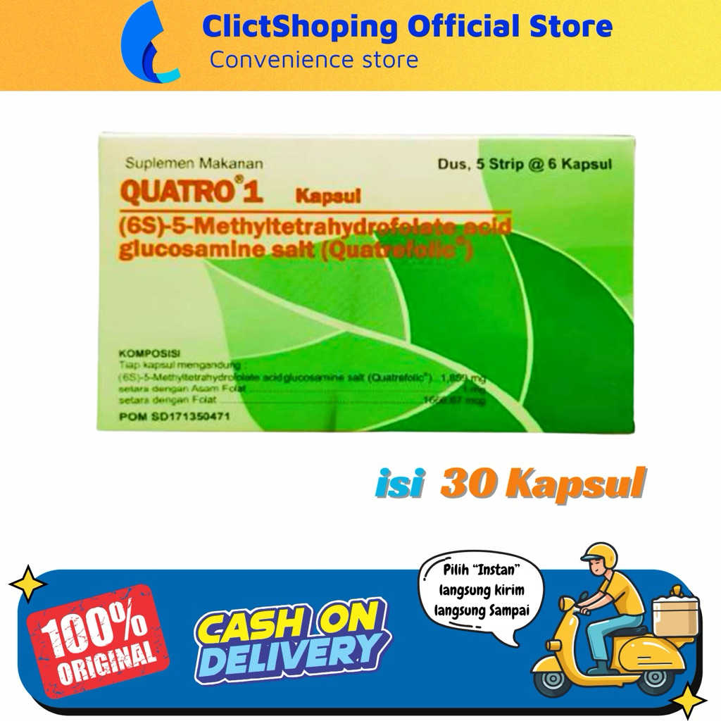 QUATRO 1 isi 30 Kapsul – Suplemen Asam Folat Bentuk Aktif (Quatrefolic)