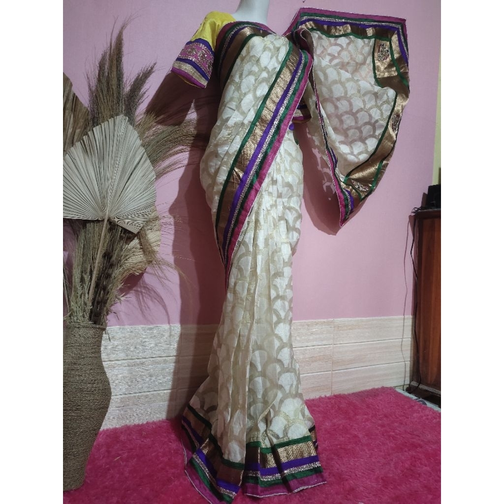 BAJU INDIA/ SAREE INSTAN PUTIH BW BORDIR/ LIST CANTIK MEWAH