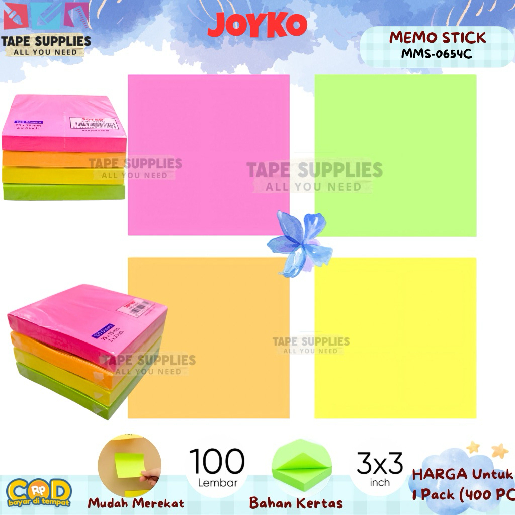 

(DAPAT 400 LEMBAR) Memo Stick Joyko MMS-0654C – 3x3 Inch, 100, 4 Warna Neon, Mudah Ditempel