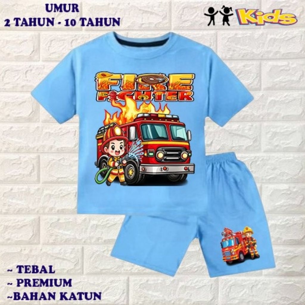 setelan baju anak laki-laki perempuan baju kaos anak laki-laki perempuan motif mobil Pemadam umur 6 
