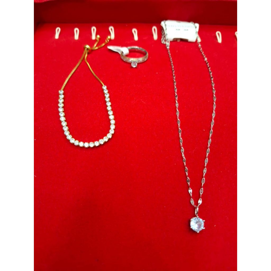 Titanium set bermata +gelang serut +cincin +kalung