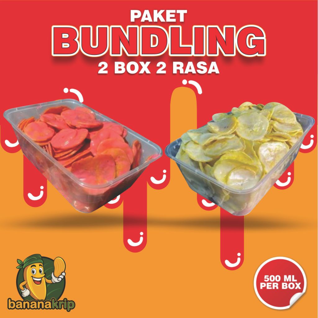 

Paket Bundling Keripik Pisang Rasa Tiramisu - Stroberi | Paket Bundling 2 Box 2 Rasa 500 ml