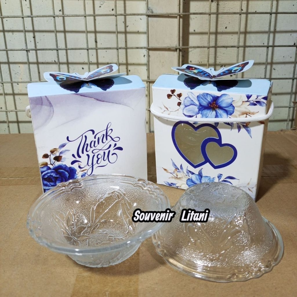 Souvenir Mangkok Beling Kaca Motif Bunga Lebar Kemasan Bok + Tali Kur