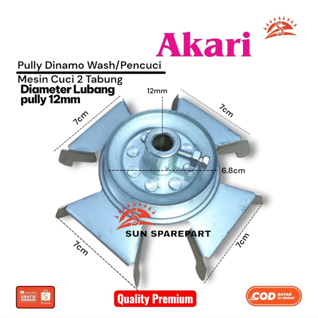 Pully Dinamo wash Lubang pully 12mm Mesin cuci Akari 2 Tabung/Pully dinamo Pencuci