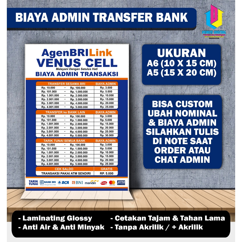 CETAK BIAYA ADMIN TRANSFER AGEN BRI LINK MINI ATM + STAND AKRILIK A6 10 X 15 CM & A5 14 X 20 CM