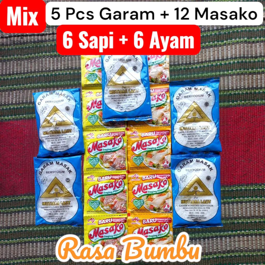 

Mix 5 pcs garam | Masako 6+6 (12pcs) ayam sapi masak beryodium cap segiti mas teknologi modern + Masako mix Pcs daging pilihan bumbu rasa baru sapi ayam