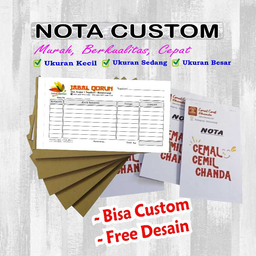 

CETAK NOTA COSTUM 1/4 RANGKAP 2 PLY DAN 1 PLY / BON SURAT JALAN FAKTUR KWITANSI ECER Gratis / Free Desain
