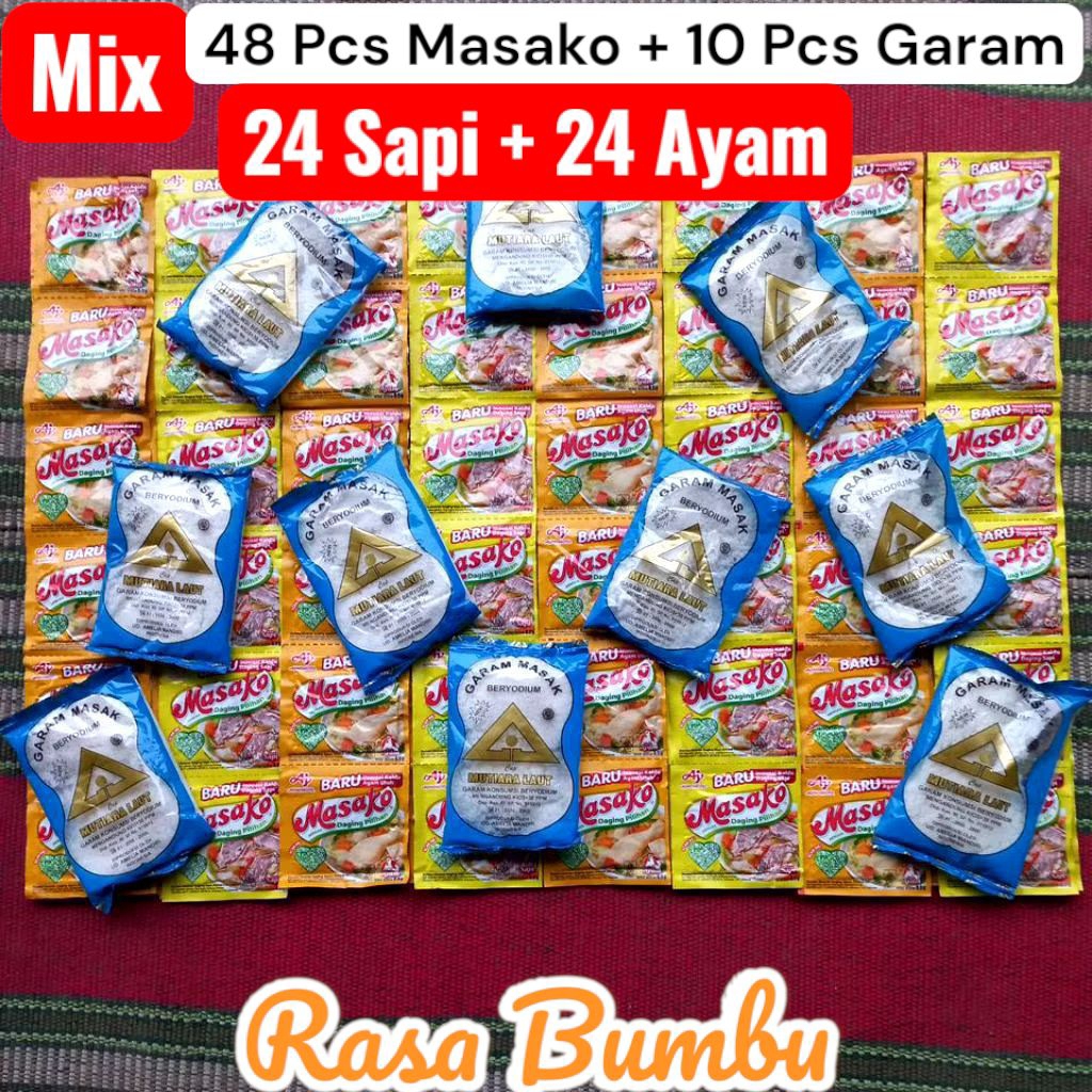 

Mix Masako 24+24 (48pcs) ayam sapi | 10 pcs garam masak beryodium cap segiti mas teknologi modern + Masako 48 mix Pcs daging pilihan bumbu rasa baru sapi ayam