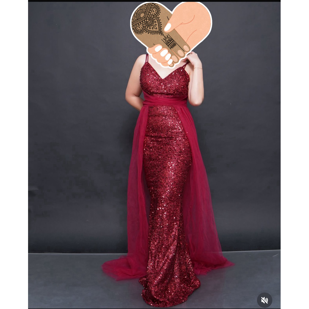 gaun pesta full sequin payet merah maroon mewah