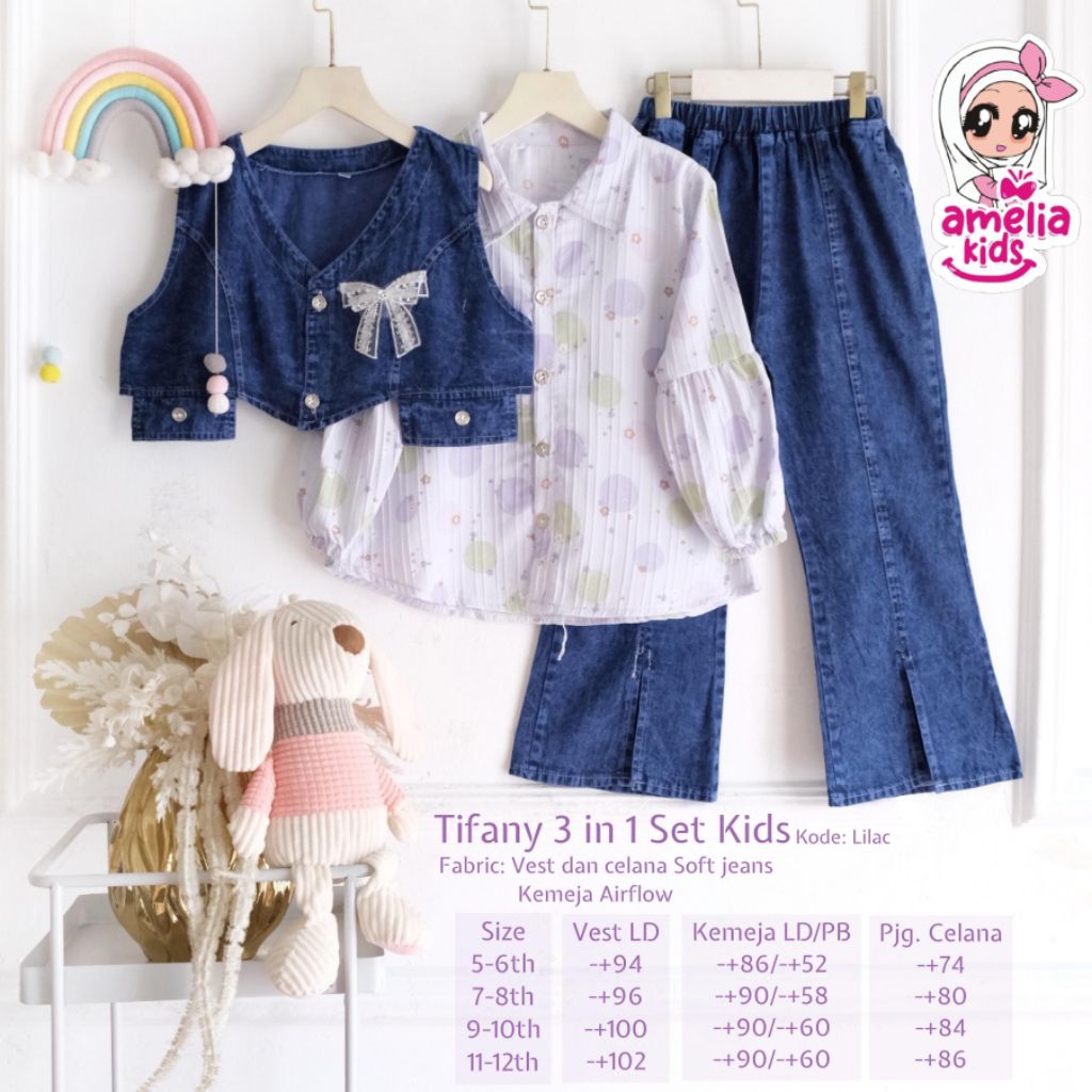 (COD setelan anak) Tifani 3in1 set kids ORI Amelia kids// setelan anak usia 5-12tahun