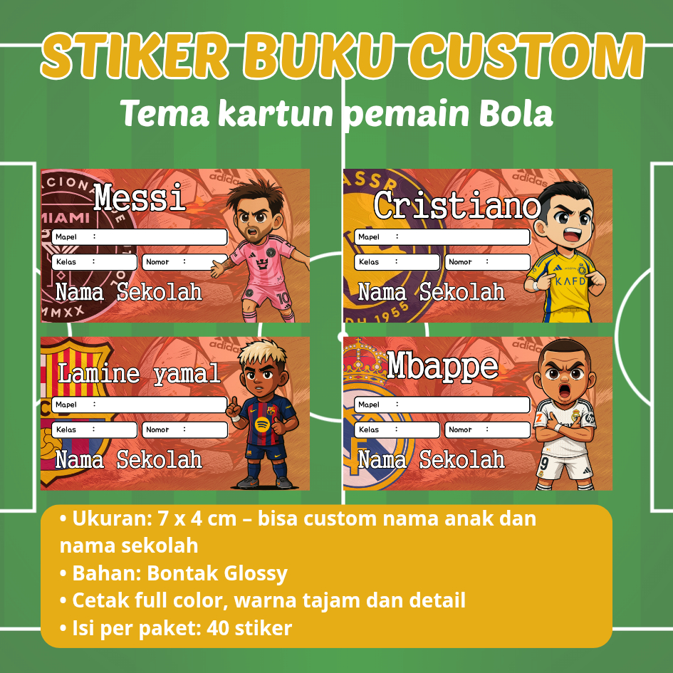 

Stiker Label Buku Tema Pemain Sepakbola Eropa - Messi, Ronaldo, Mbappé, Haaland, Yamal, Lautaro, Højlund, Gyökeres| Custom Nama & Sekolah | 40pcs