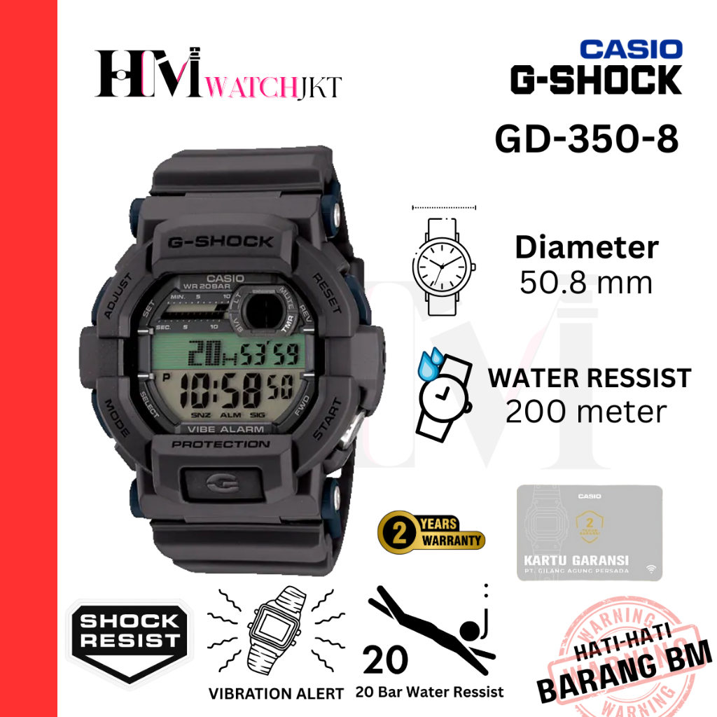 CASIO G-SHOCK GD-350-8DR Jam Tangan Pria Original Digital Notifikasi Getaran Antiair GD-350-8