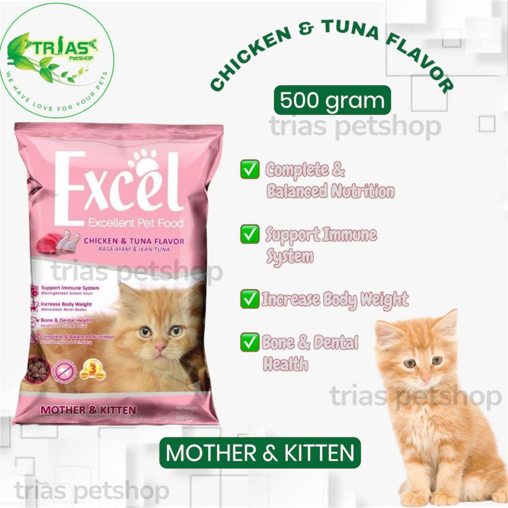 Excel Chicken & tuna Mother & kitten 500 gram/Makanan kucing/cat food/makanan anak kucing/Excel cat 