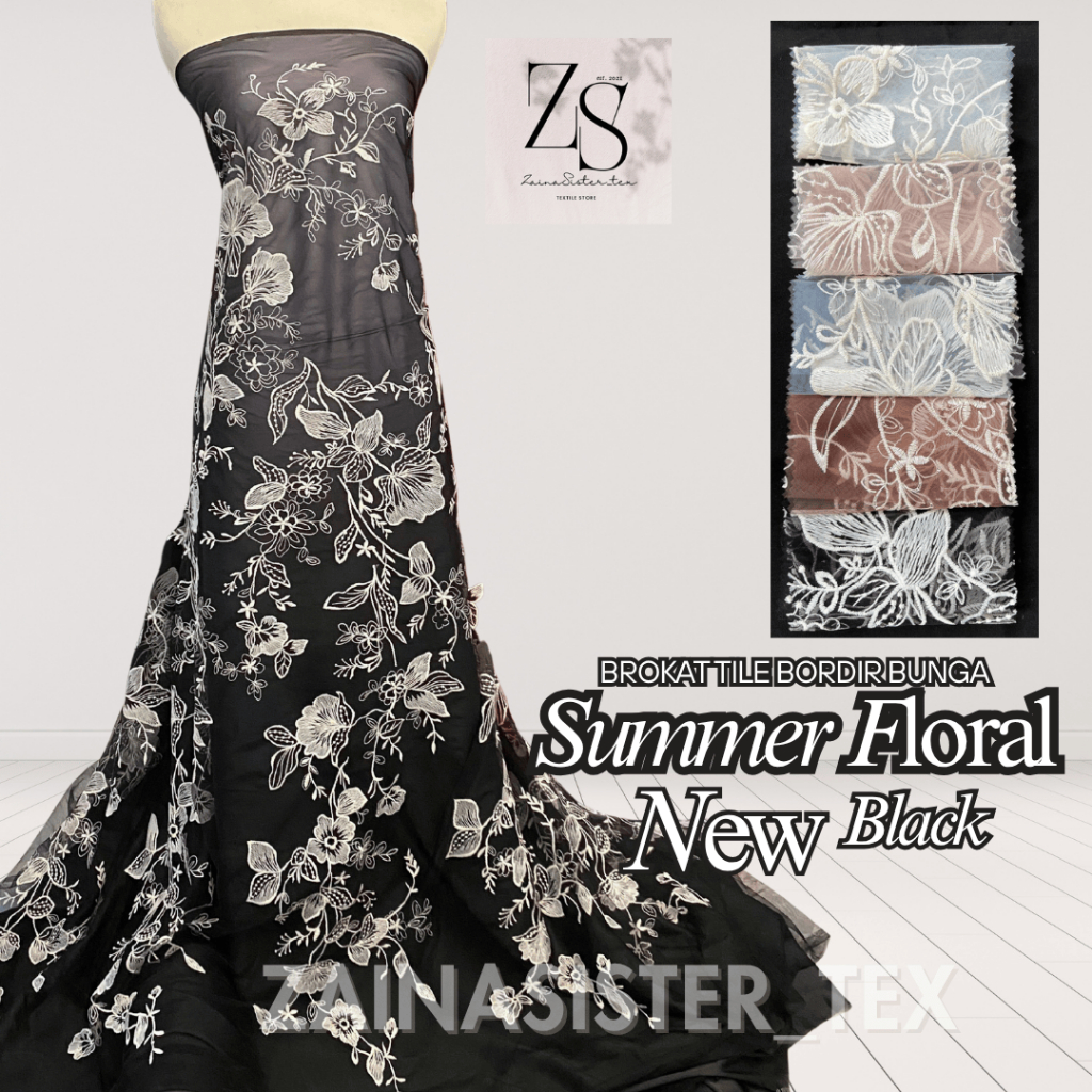 1/2 Meter Bahan Kain Tile Embroidery Bordir Motif Bunga Besar Summer Floral Series Warna Hitam Broka