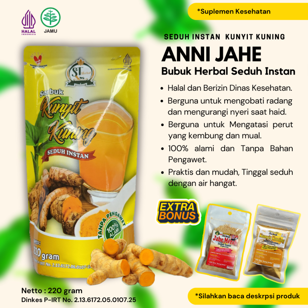 

Kunyit Kuning Bubuk ANNI JAHE Minuman Herbal Seduh Instan 220 Gram