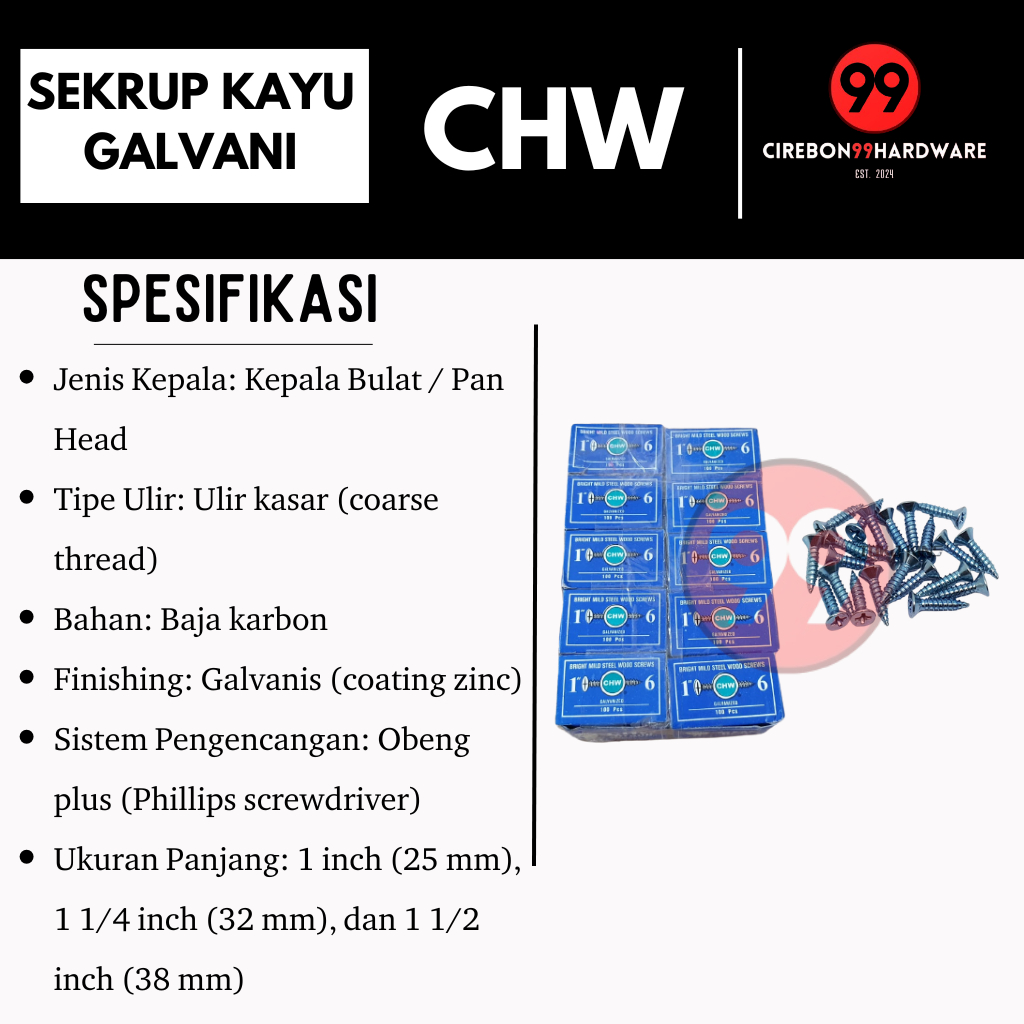 Sekrup Kayu Galvani Merk CHW Berbagai Ukuran Sekrup (+)