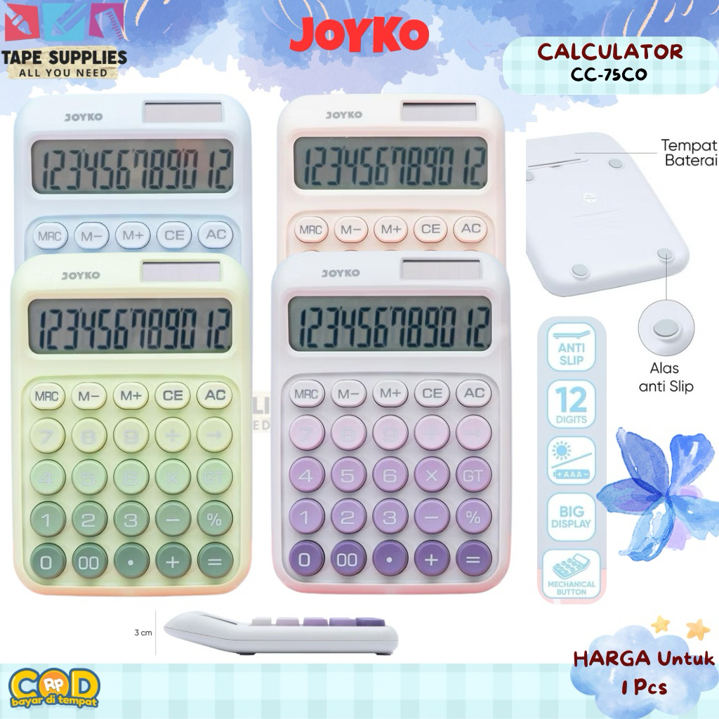 

(WARNA AESTHETIC) Joyko Kalkulator CC-75CO 12 Digit Aesthetic – Dual Power Solar + Baterai, Big Display, Anti Slip