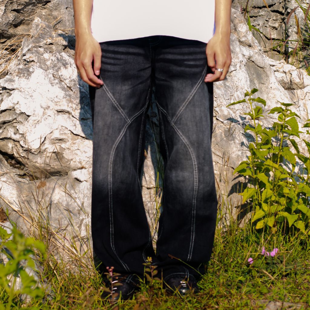 Baggy Jeans Pecah Pola Black Wisker Streetwear Baggy Style Lebar Gombrong