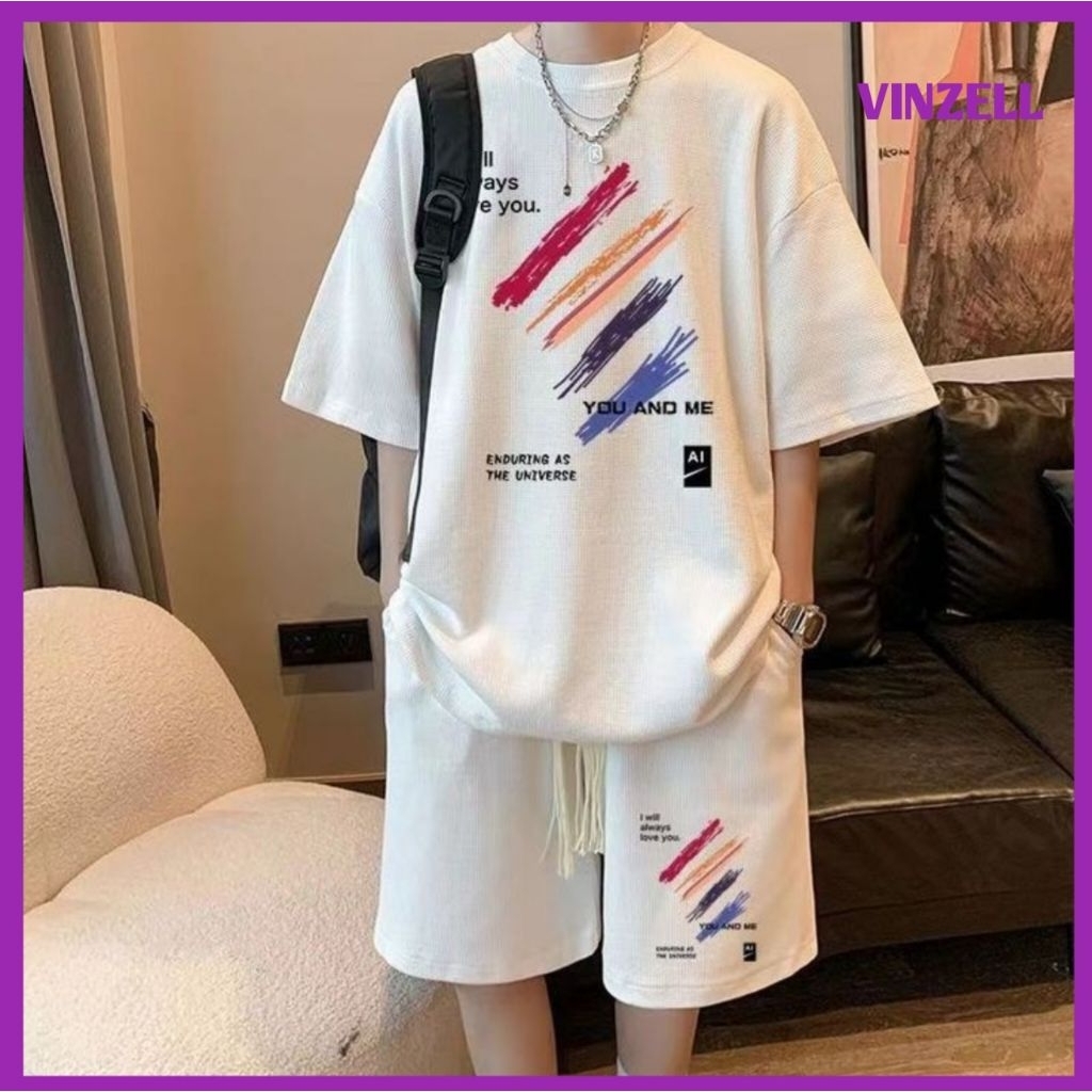 Setelan Pria Kaos Lengan Pendek + Celana Pendek Motif garis Pelangi Urban Style Pria Wanita Celana P