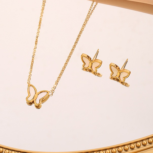 Kalung Anting Kupu-Kupu Titanium Set Lapis Emas Titanium Asli Anti Luntur Anti Karat Set Perhiasan D