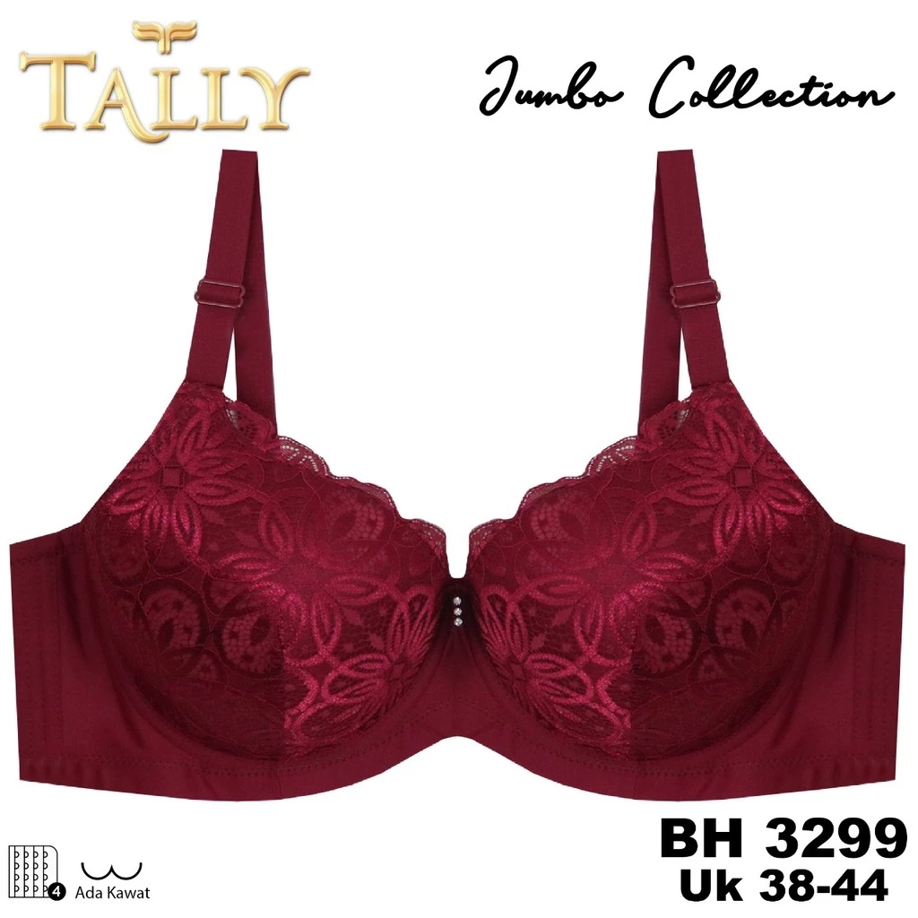 TALLY BH 3299 Bra JUMBO Ada Kawat Bahan Brokat Busa Tipis Cup D - E Kait 4 Cup Big Size Lembut dan N