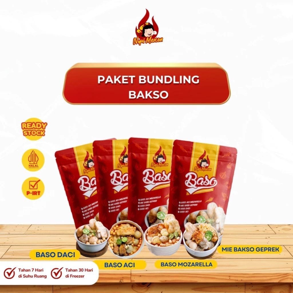 

Nyai Mercon~ PAKET BUNDLING 4 pcs BASO ACI NYAI MERCON (Baso Aci, Baso Daci, Baso Aci Mozarella & Mie Baso Geprek)