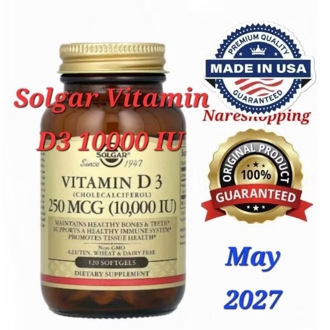 SOLGAR USA Vitamin D3 (Cholecalciferol) 250 mcg 10000 IU 120 Softgels Exp ; May 2027