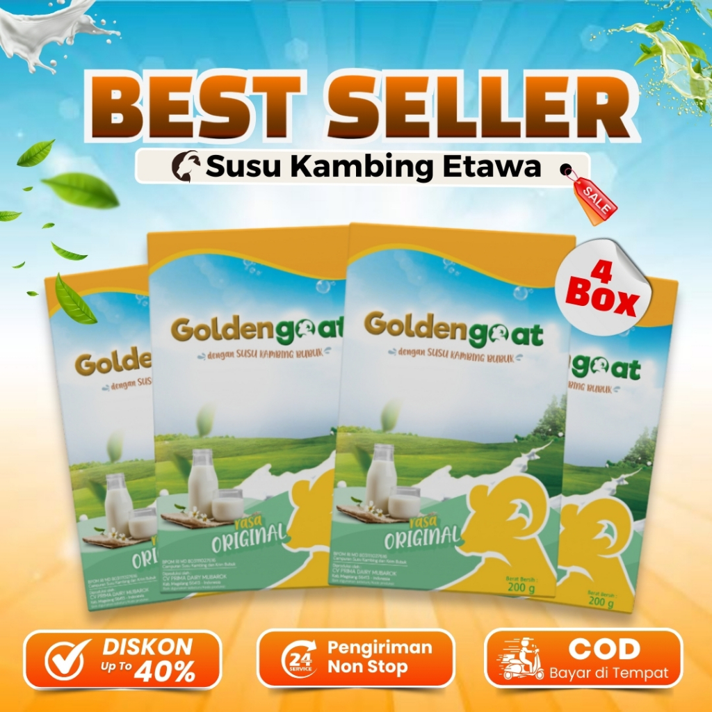 

PAKET BEST SELLER 4 BOX SUSU KAMBING ETAWA BUBUK GOLDENGOAT ALAMI MURAH ORIGINAL UNTUK ATASI NYERI TULANG PUNGGUNG SENDI ASAM URAT PEGAL LINU SYARAF KEJEPIT ASMA SESAK NAFAS BATUK MENAHUN PARU-PARU NYERI DADA