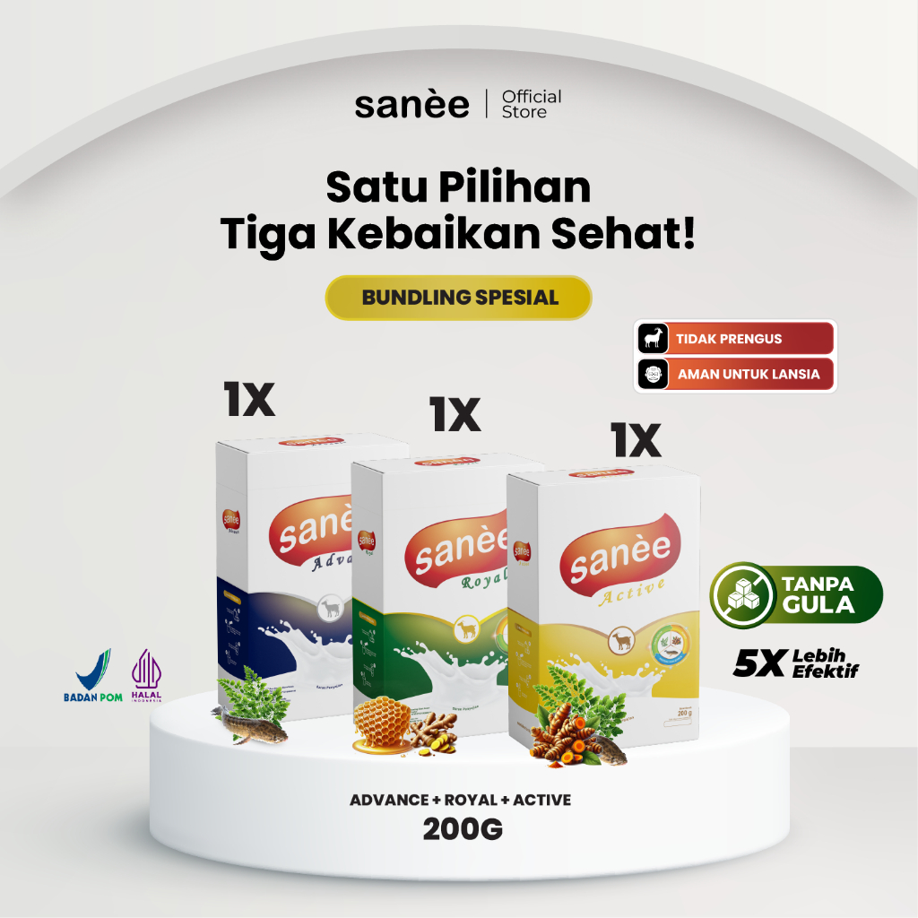 

Susu Kambing Etawa Paket Komplit 3 Varian @200g (Royal, Advance, Active) Sanee