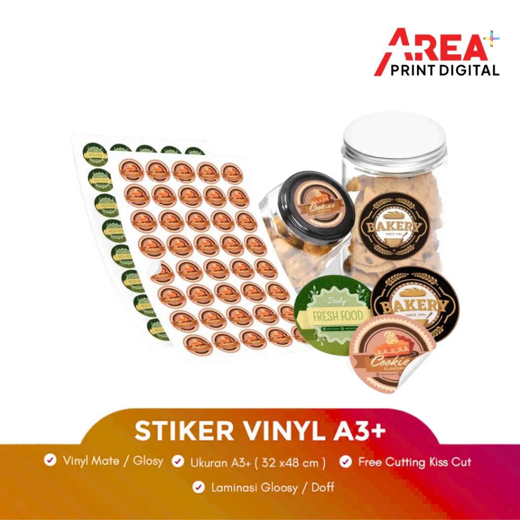 

Custom Sticker Vinyl A3+ Label Makanan Free Cutting Tahan Air Cetak Presisi
