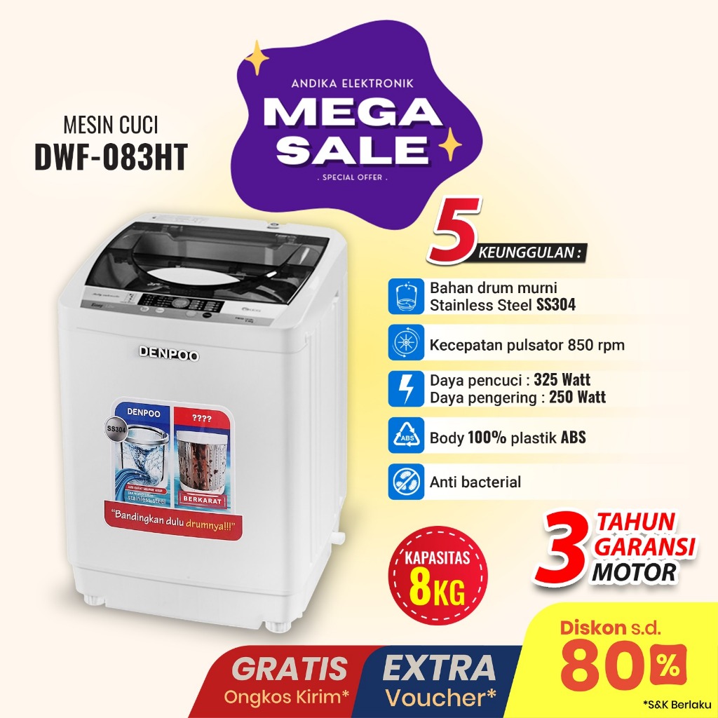 Mesin Cuci 1 TABUNG Denpoo DWF 083 HT 8 KG