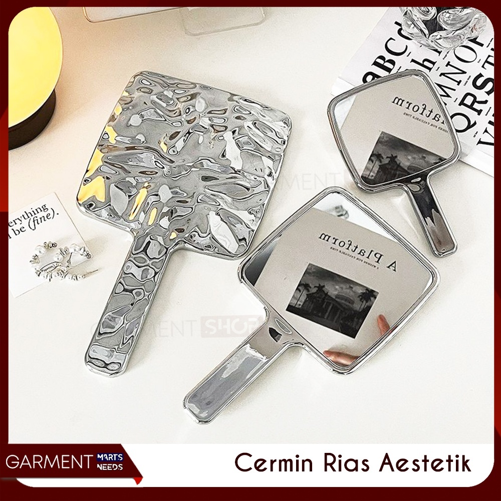 Cermin Make Up Beauty Hand Mirror Kosmetik Cermin Rias Bulat Motif Kristal Kaca Touch Up Estetik