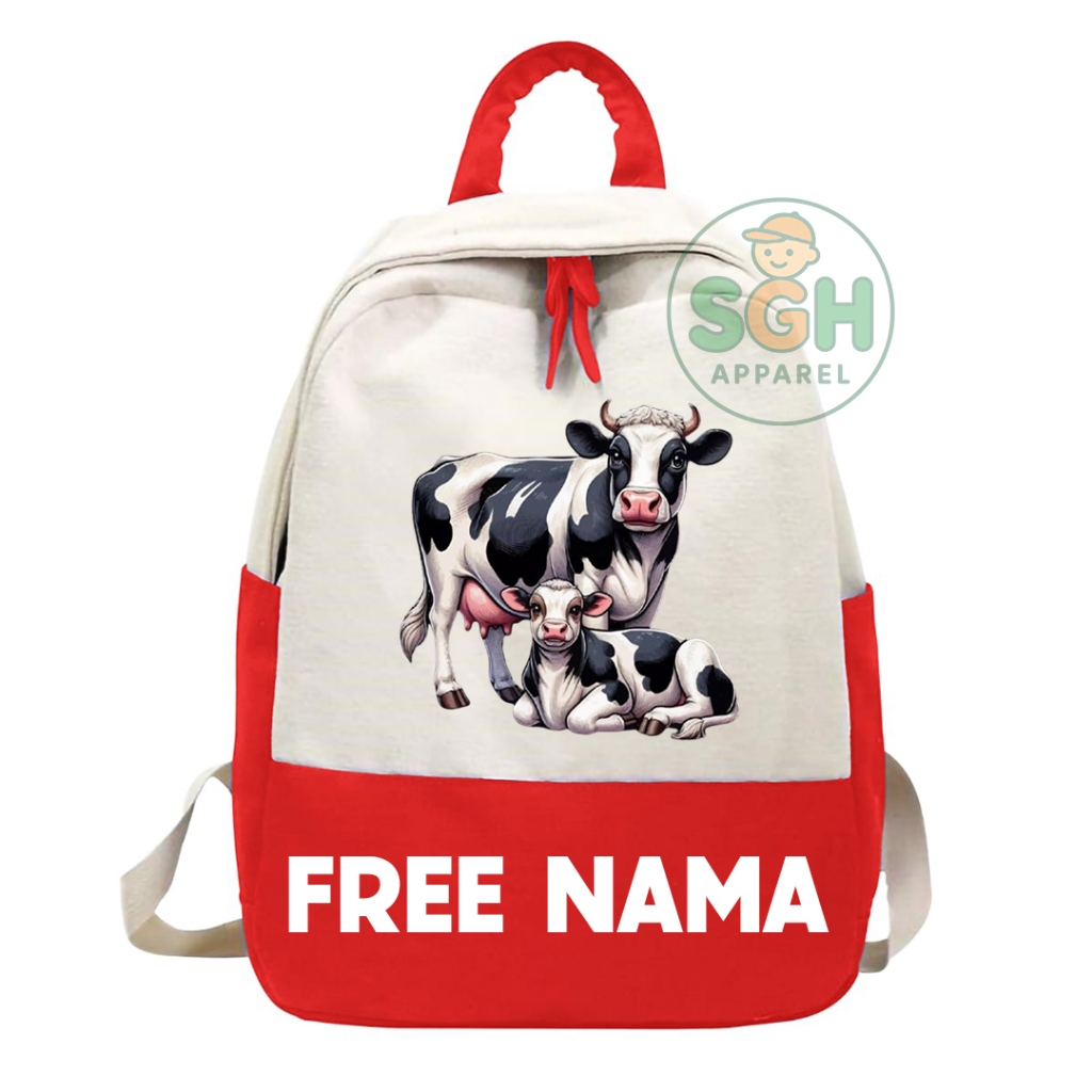 Tas Anak Sekolah Motif Gambar Sapi Ransel Sekolah Anak TK SD Free Nama Unisex
