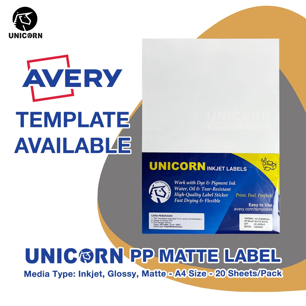 

Unicorn Inkjet Label A4 PP Matte - 210 x 297 mm 210x297 mm Avery Water Oil Tear Ressistant