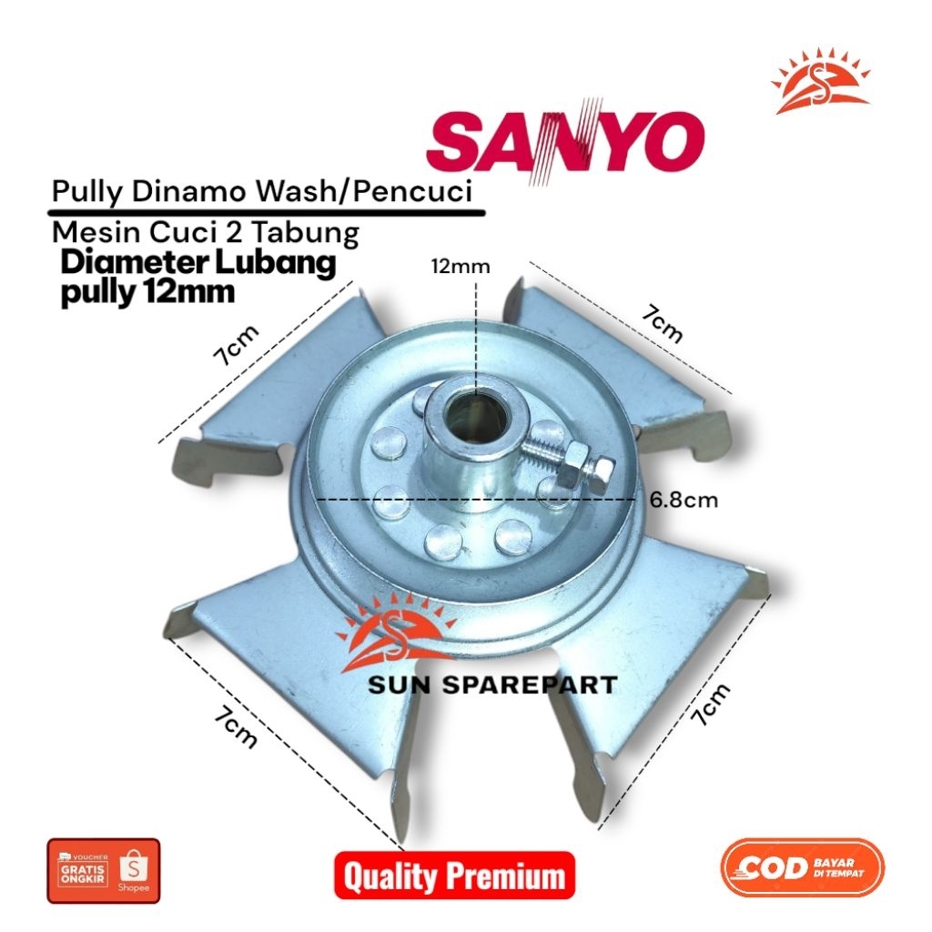 Pully Dinamo wash lubang pully 12mm Mesin cuci Sanyo 2 Tabung/pully Dinamo pencuci