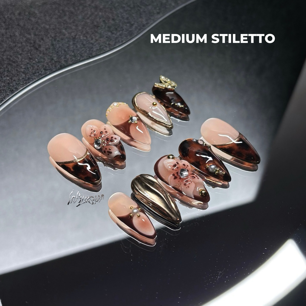 Nail Art Press On Brown Gold Leopard Flowers Fake Nails Kuku Palsu