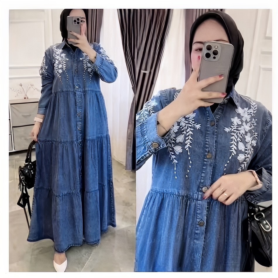 COD~Gamis Jumbo Lyora Baju Gamis Jeans Bordir Wanita Jumbo Ld 100 110 120 130 Terbaru/Gamis Bordir