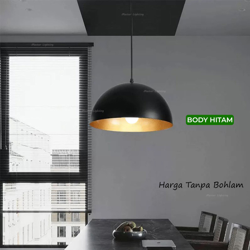 Lampu gantung 50cm kap industrial body luar hitam putih dalam gold minimalis cafe resto fiting e27 p