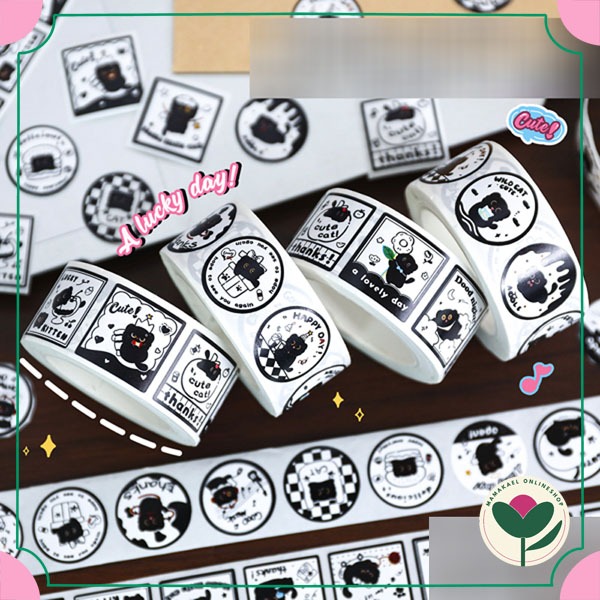 

1 roll isi 300 pcs sticker roll cat black cute round label sealing deco stiker dekorasi motif kucing hitam lucu MK2016