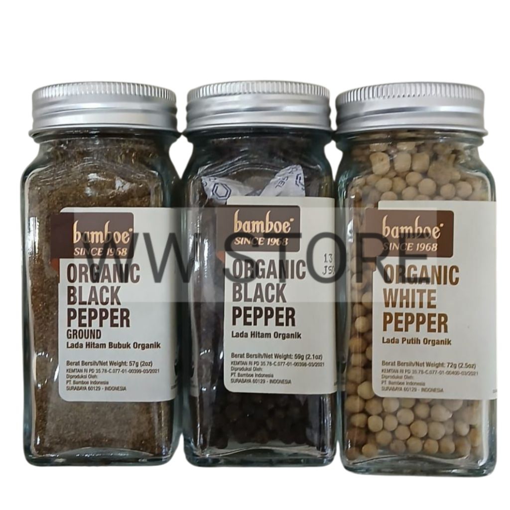 

Bumbu biji bubuk lada hitam putih organik halal MUI bamboe ORGANIC GROUND 57g BLACK 59g WHITE 72g PEPPER
