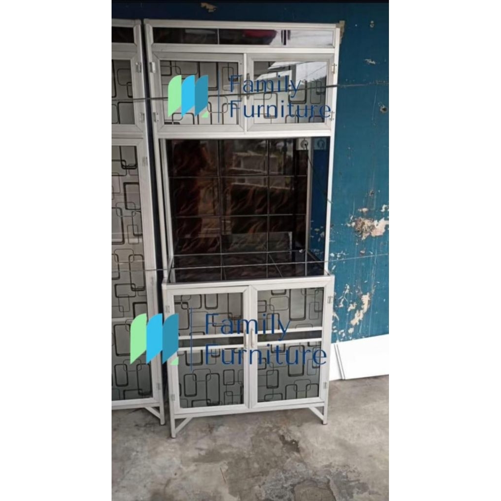 Lemari Rak Piring Tempahan 2 Pintu Keramik Aluminium dengan Corak Kotak Hitam