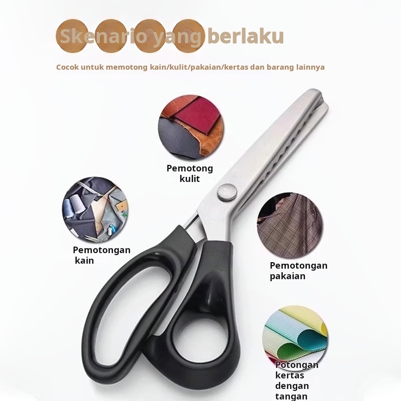 

Gunting renda, gunting gelombang, gunting jahit tangan, gunting kain berpola, gunting bergerigi, gunting hiu segitiga, gunting kantor