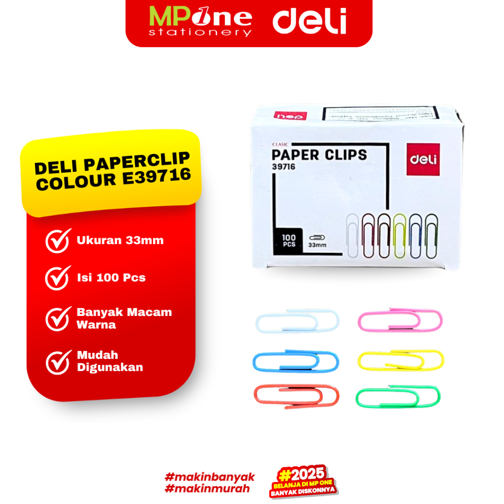 

(1 KOTAK) Deli Paperclip Warna E39716 Isi 100pcs / Penjepit Kertas Warna Warni / Paperclip Colour DELI