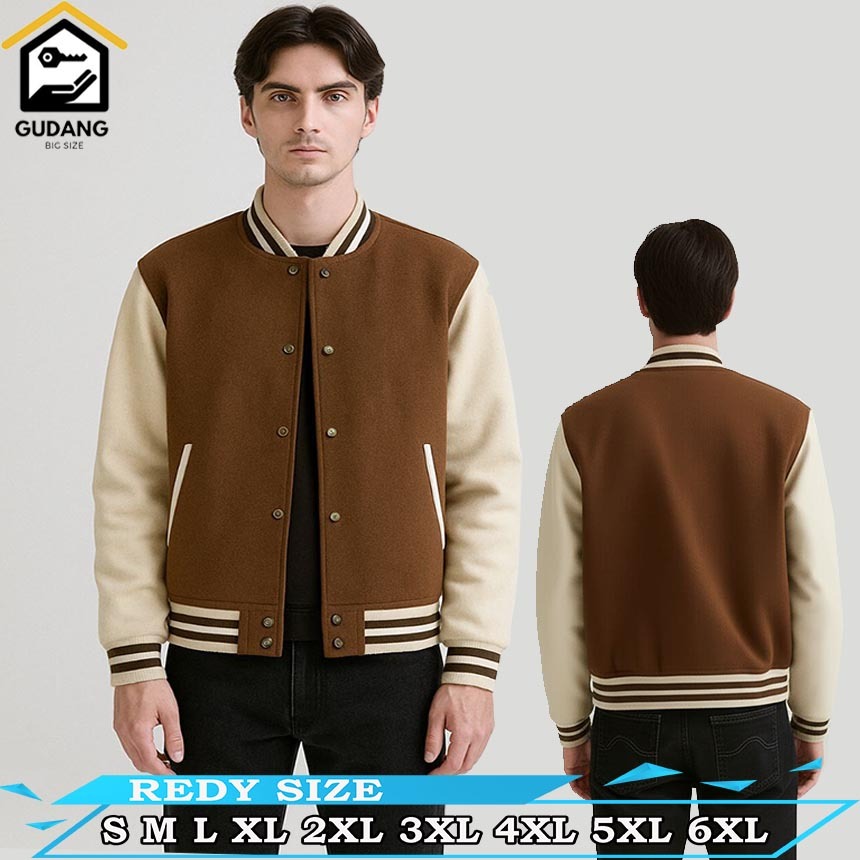 JAKET VARSITY BASEBALL COKLAT TUA BEIGE  SIZE S M L XL 2XL 3XL 4XL 5XL 6XL .JAKET BASEBALL VARSITY P