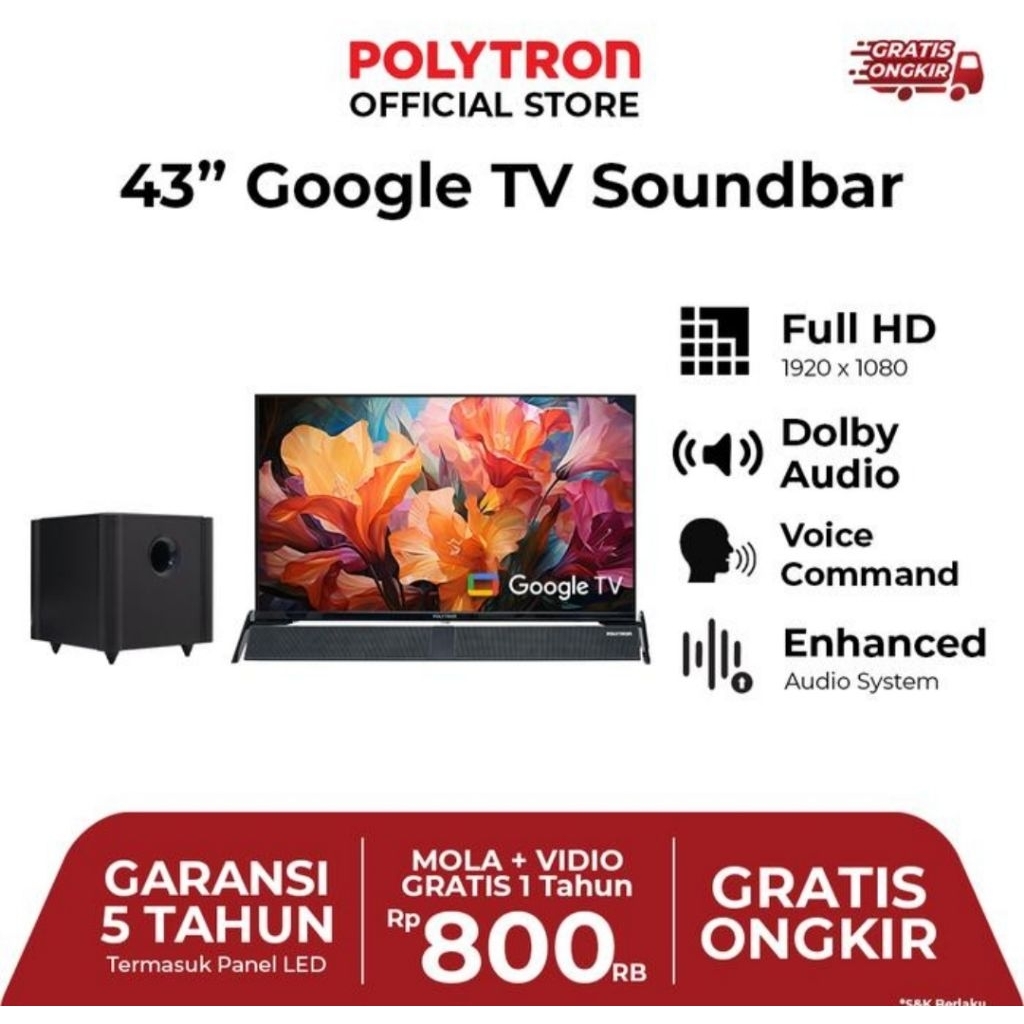 TV LED POLYTRON 43 INCH ANDROID SOUNDBAR 43 BG