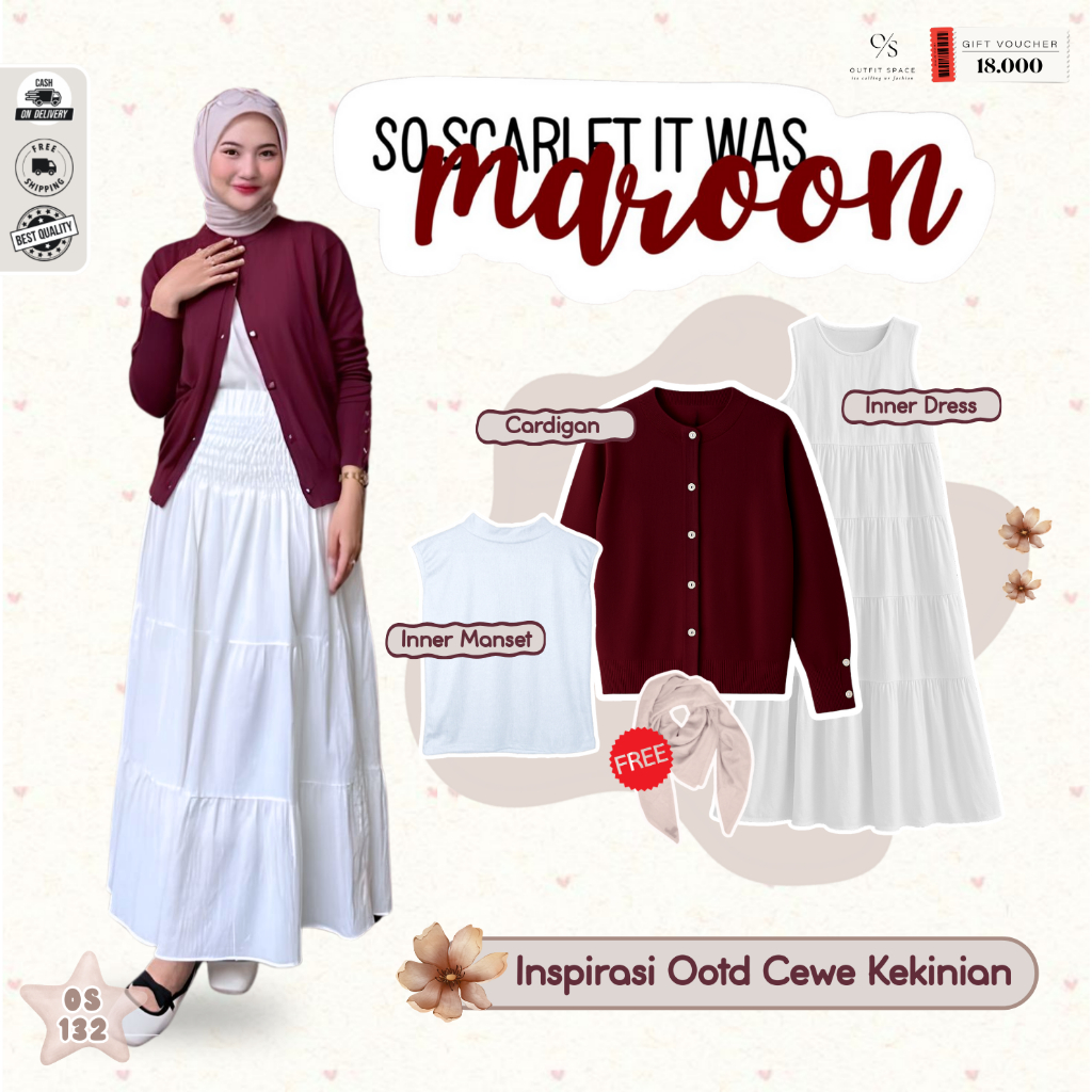 OUTFITSPACE - Baju Setelan Anak Remaja | Cardigan Starla Maroon, Inner Manset Putih, Inner Dress Put