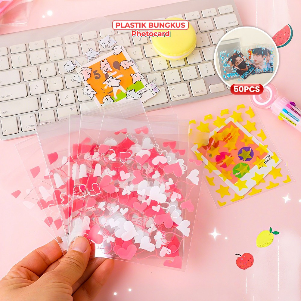

50PCS Plastik OPP Bungkus Sleeve Cover Kartu Photocard / 50 Lembar Plastik Packingan Bening Bingkisan Motif Corak Warna Warni Stockami C1365