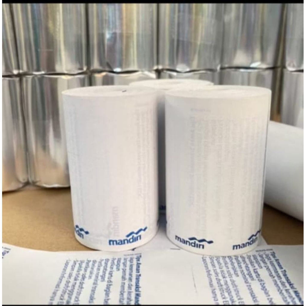 

Kertas Thermal edc logo bank mandiri ukuran 58x40mm isi 10 roll/pcs